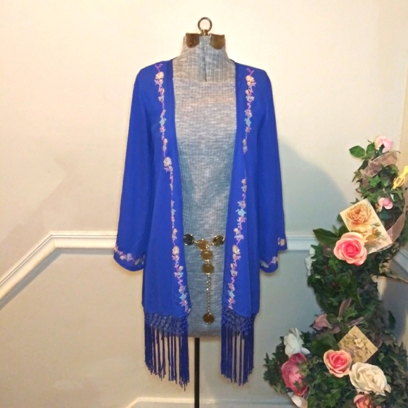 Umgee Tops - Umgee Royal Blue Pastel Embroidered Knotted Fringe Kimono